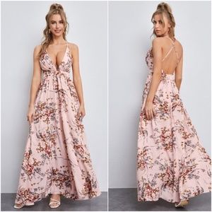 Boho Blush Pink Floral Open Back Maxi Dress Party Wedding